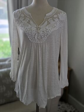 Anthropologie Cream Lace-Yoke Long Sleeve Tunic
